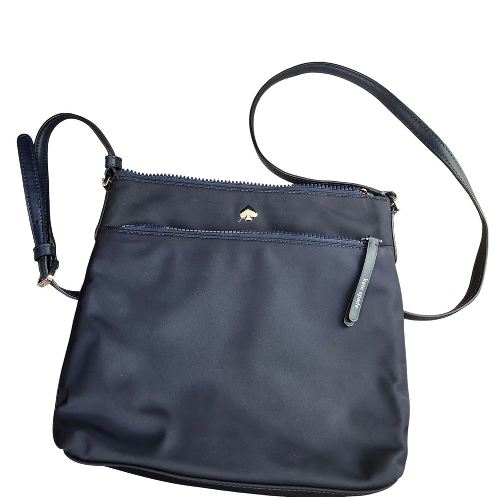Kate Spade New York Navy Nylon Jae Flat Crossbody Bag with Gold Tone Logo Office